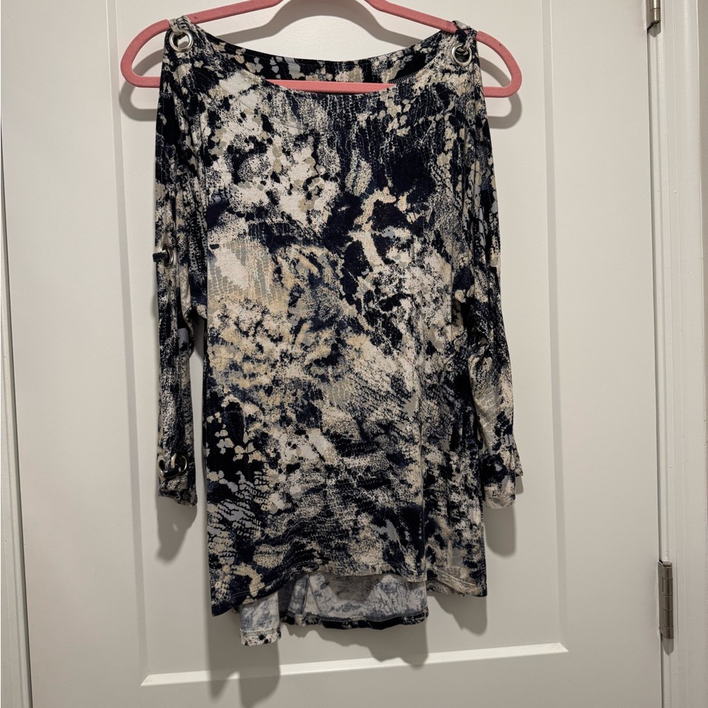 CABLE & GAUGE COLD SHOULDER 3/4 SLEEVE LADIES TOP BLUE & BEIGE